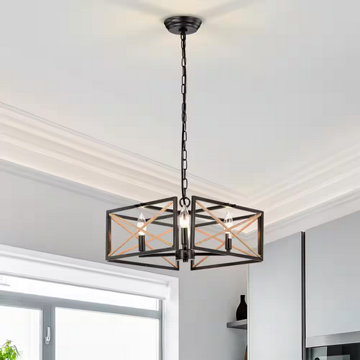 HD Direct 4-Light Sweep Black Geometric Lantern Style Chandelier